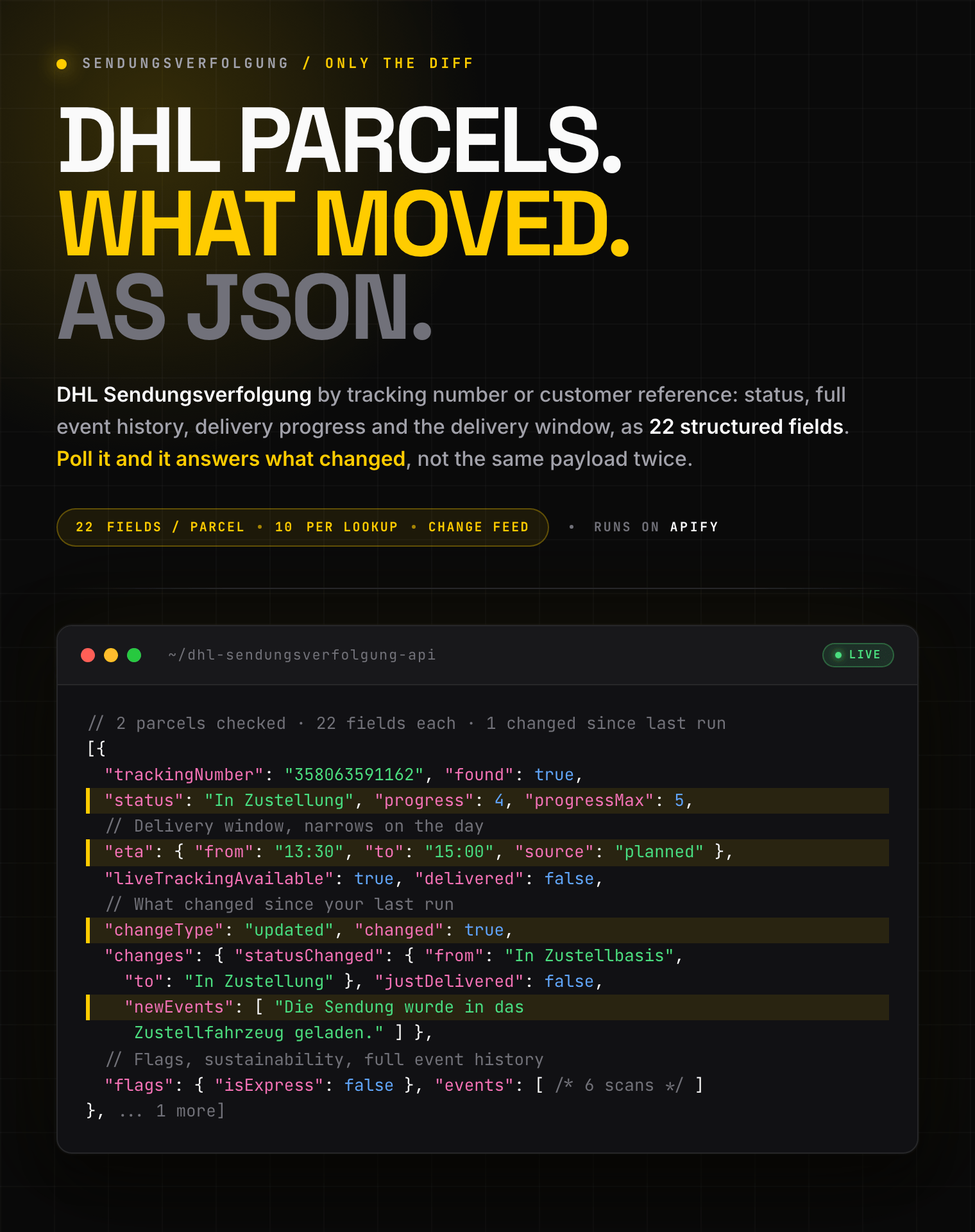 DHL Sendungsverfolgung API: parcel status, event history, delivery window and change feed as structured JSON