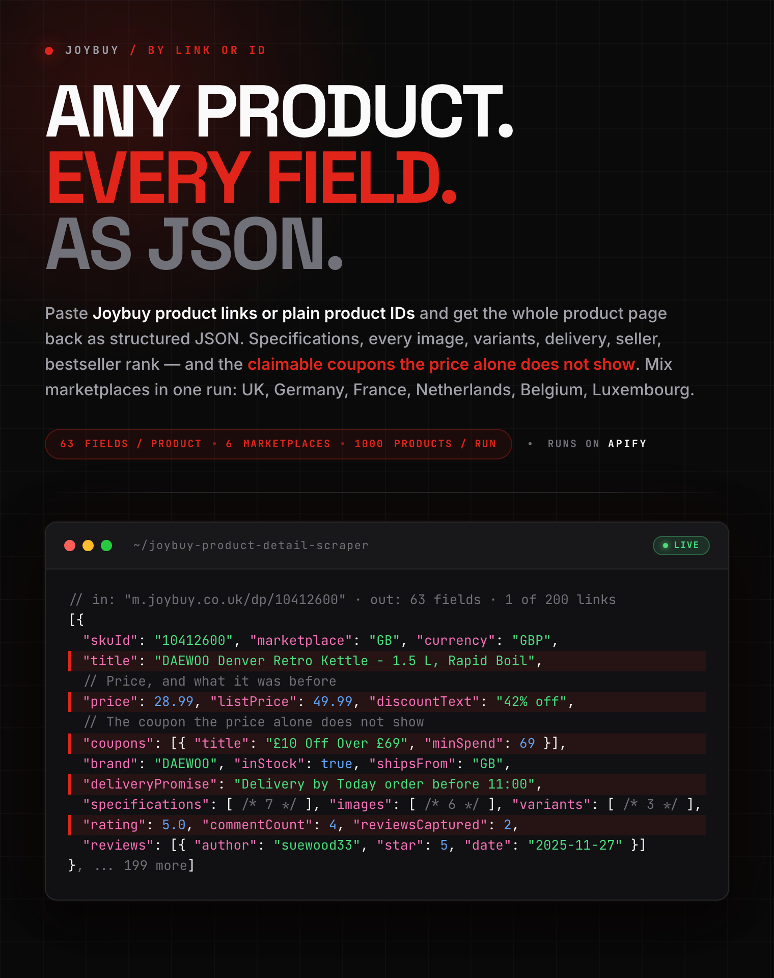 Joybuy product detail scraper output: product title, price and claimable coupons in GBP, specifications, variants, delivery promise and customer reviews as structured JSON