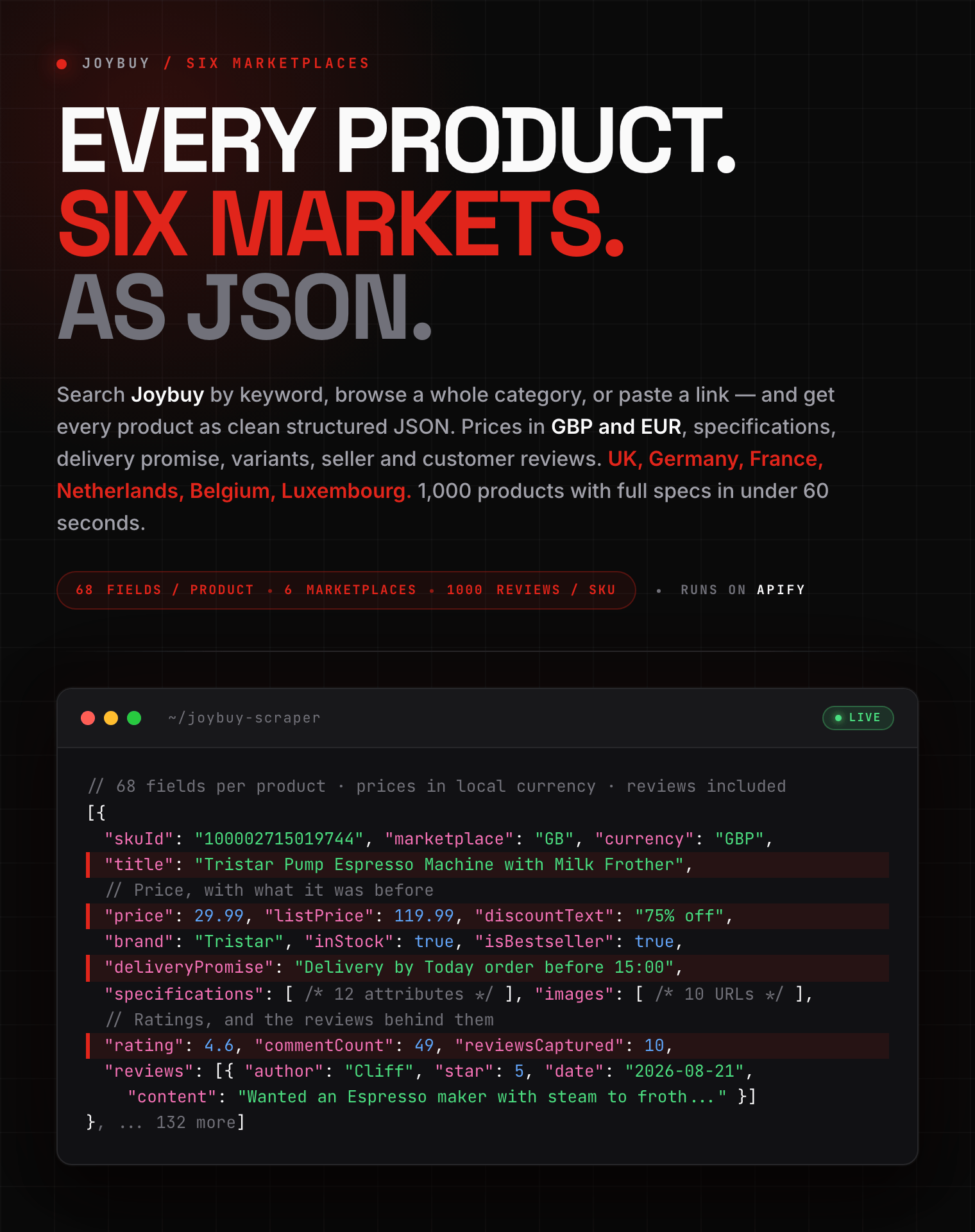 Joybuy scraper output: product title, price and list price in GBP, brand, category path, delivery promise, specifications and customer reviews as structured JSON