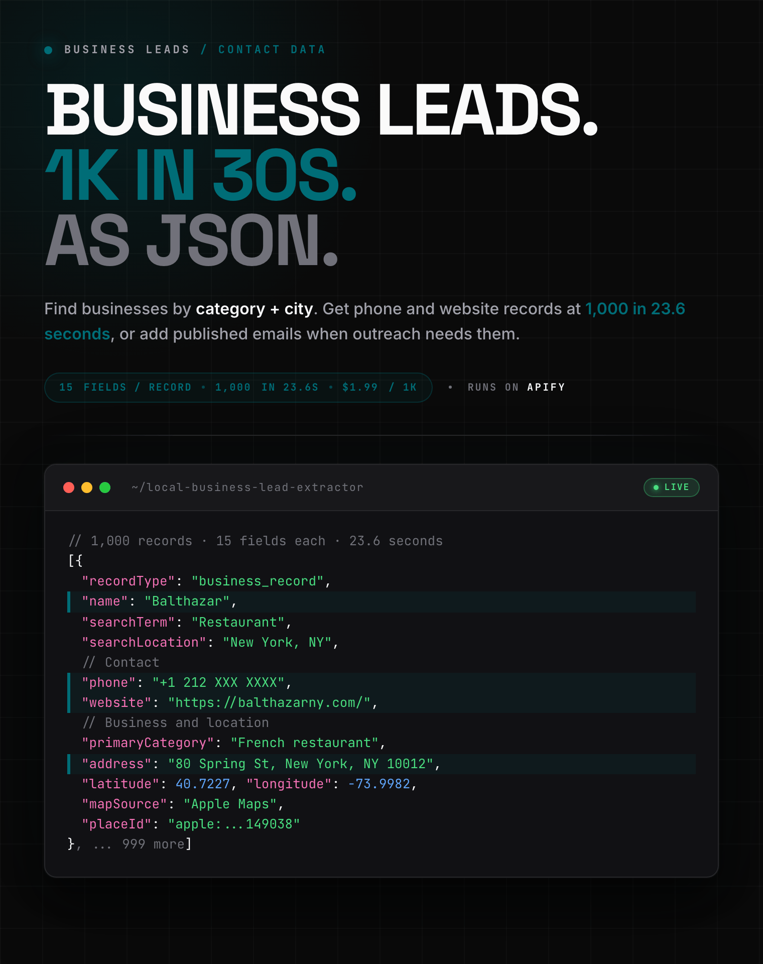 Fast business leads scraper: phone numbers, websites, addresses, and published emails as structured JSON