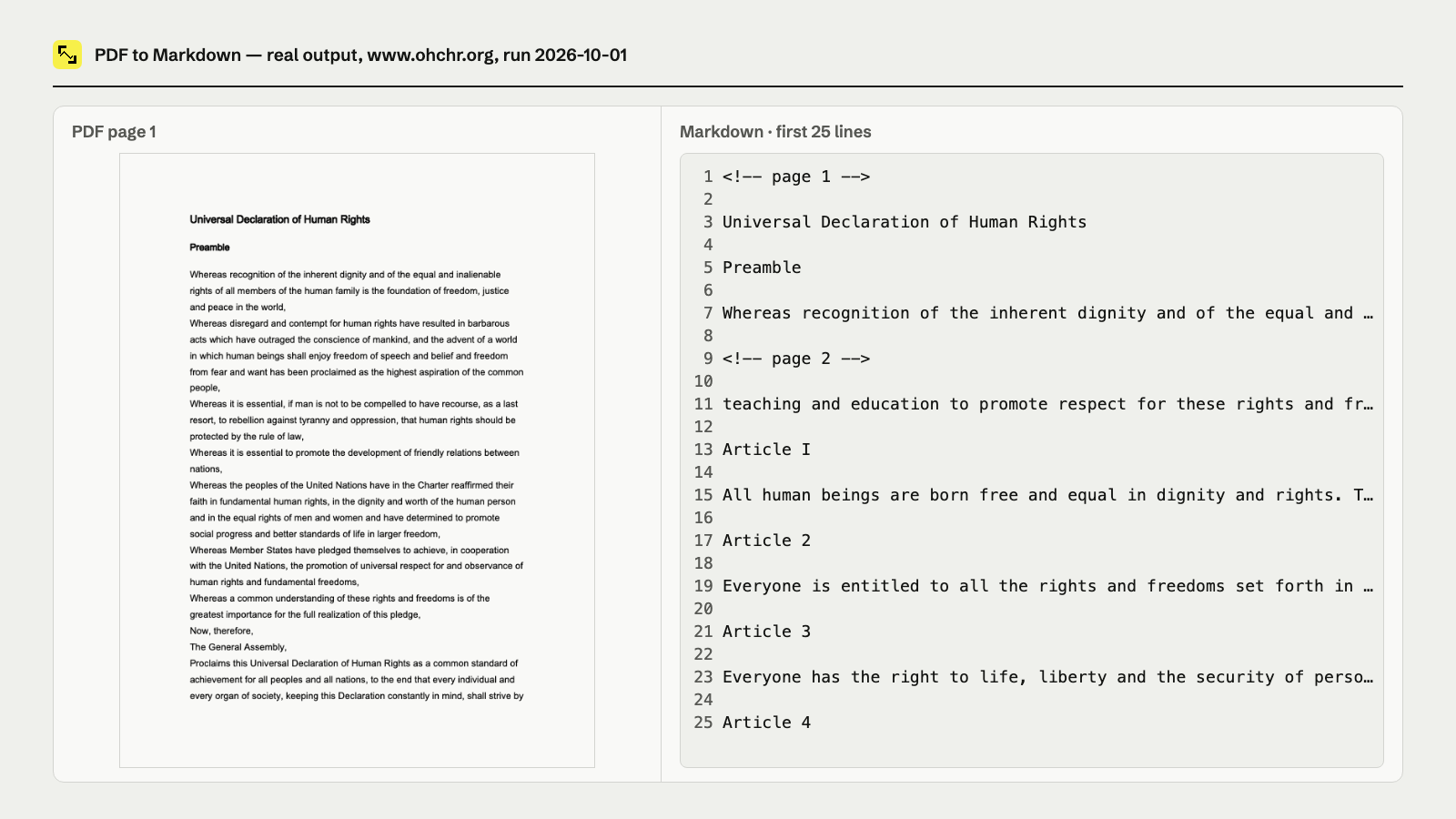 PDF to Markdown output: First UDHR PDF page beside the first 25 extracted Markdown lines.