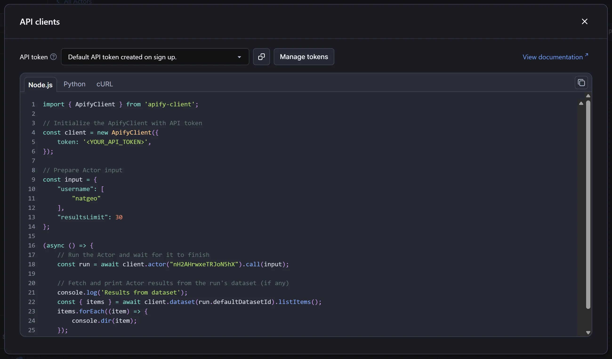 The Node.js code from the “API clients” modal