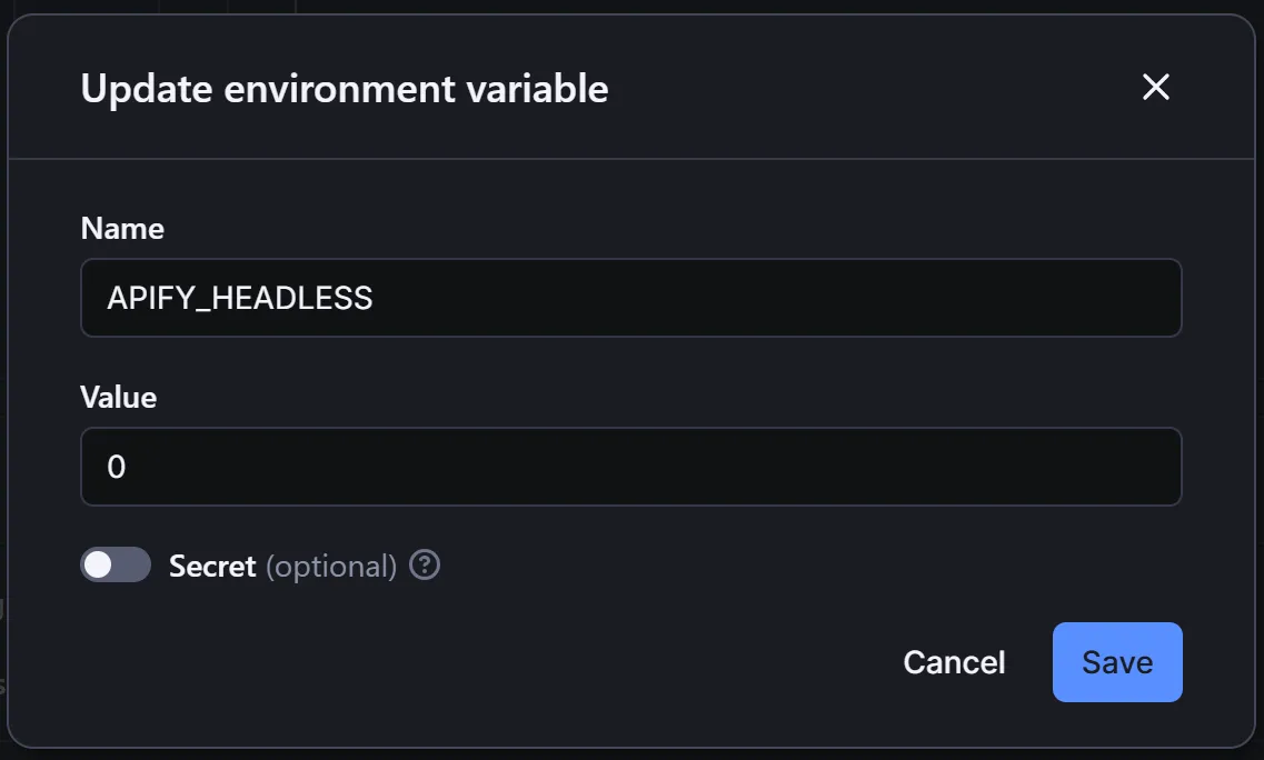 Setting the APIFY_HEADLESS env to 0