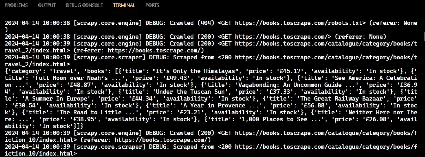 Web crawping with Scrapy - crawled data extracted and returned as a dictionary