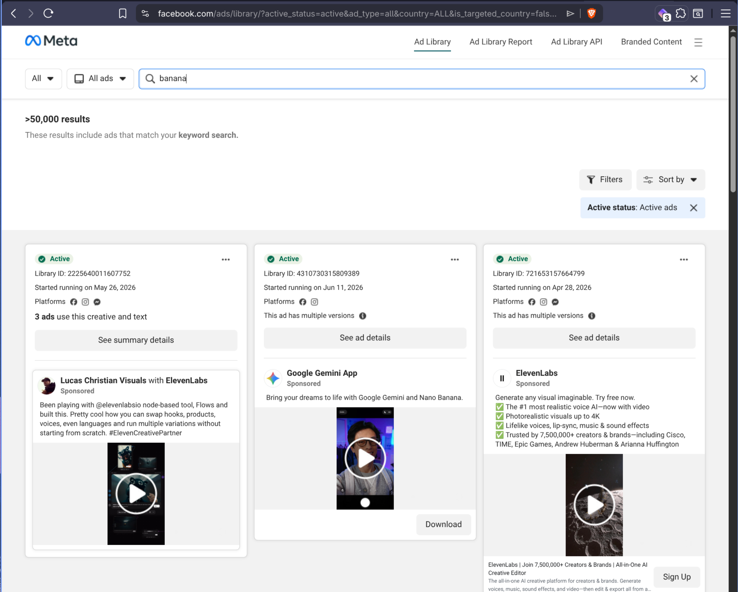 Facebook Ad Library search results page for the keyword banana, showing active ads and the search URL in the browser address bar ready to copy