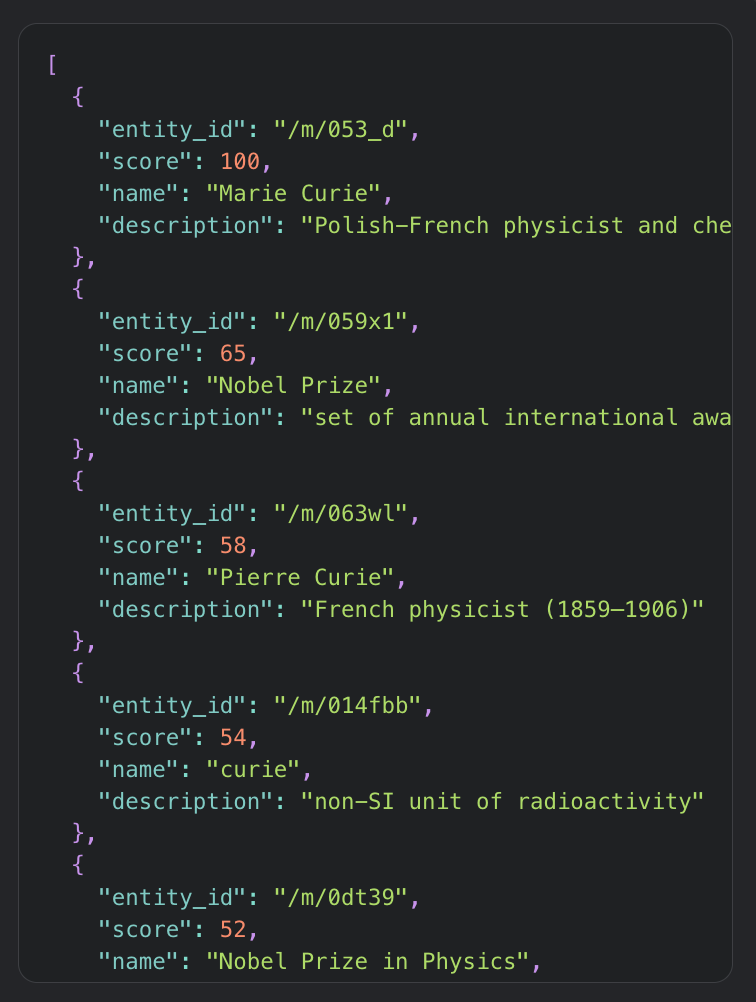 Entity extraction API output: Google Knowledge Graph entities with 0–100 confidence scores, names and descriptions for the Wikipedia Marie Curie page