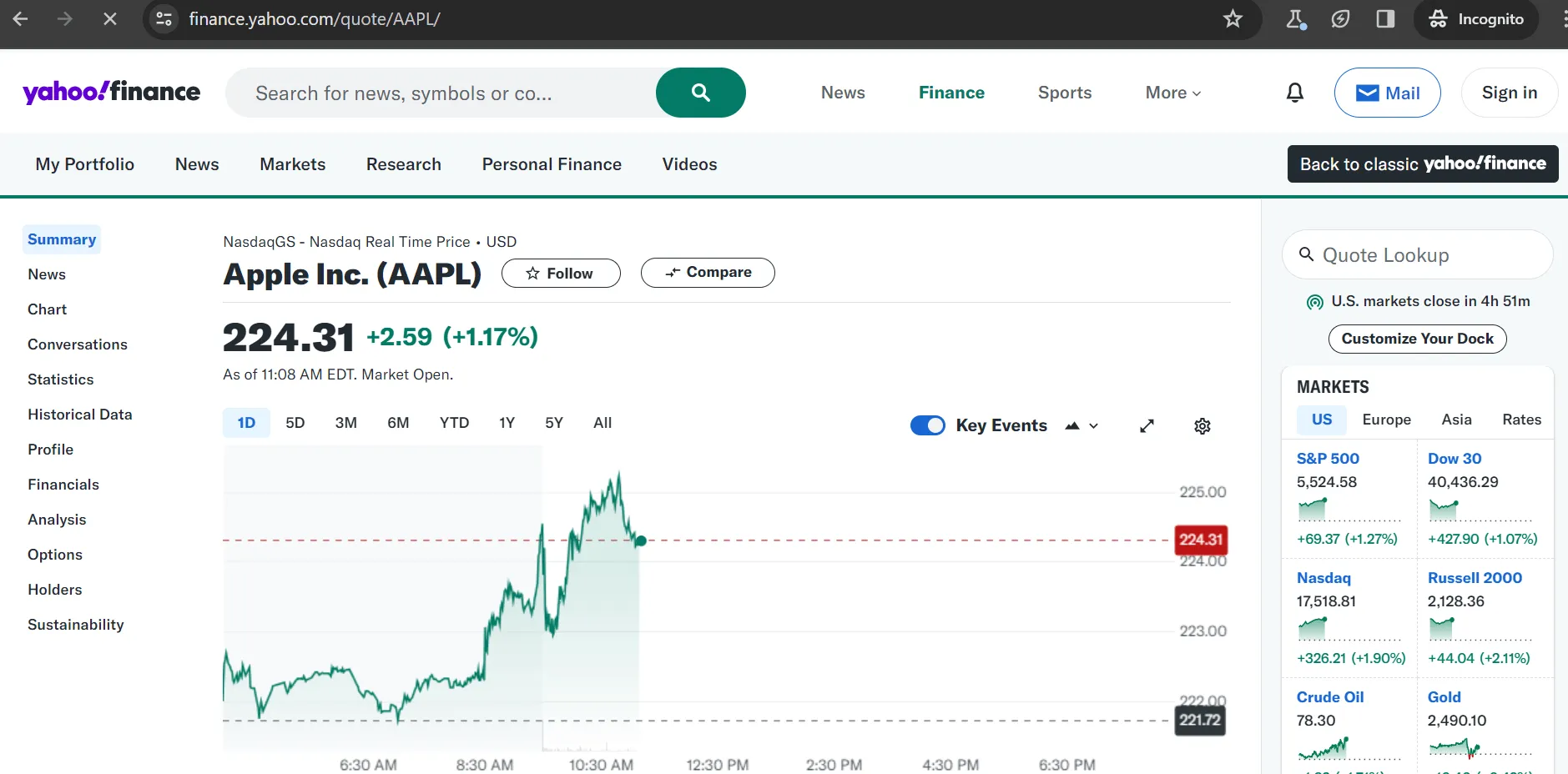 Yahoo Finance screenshot - company main page