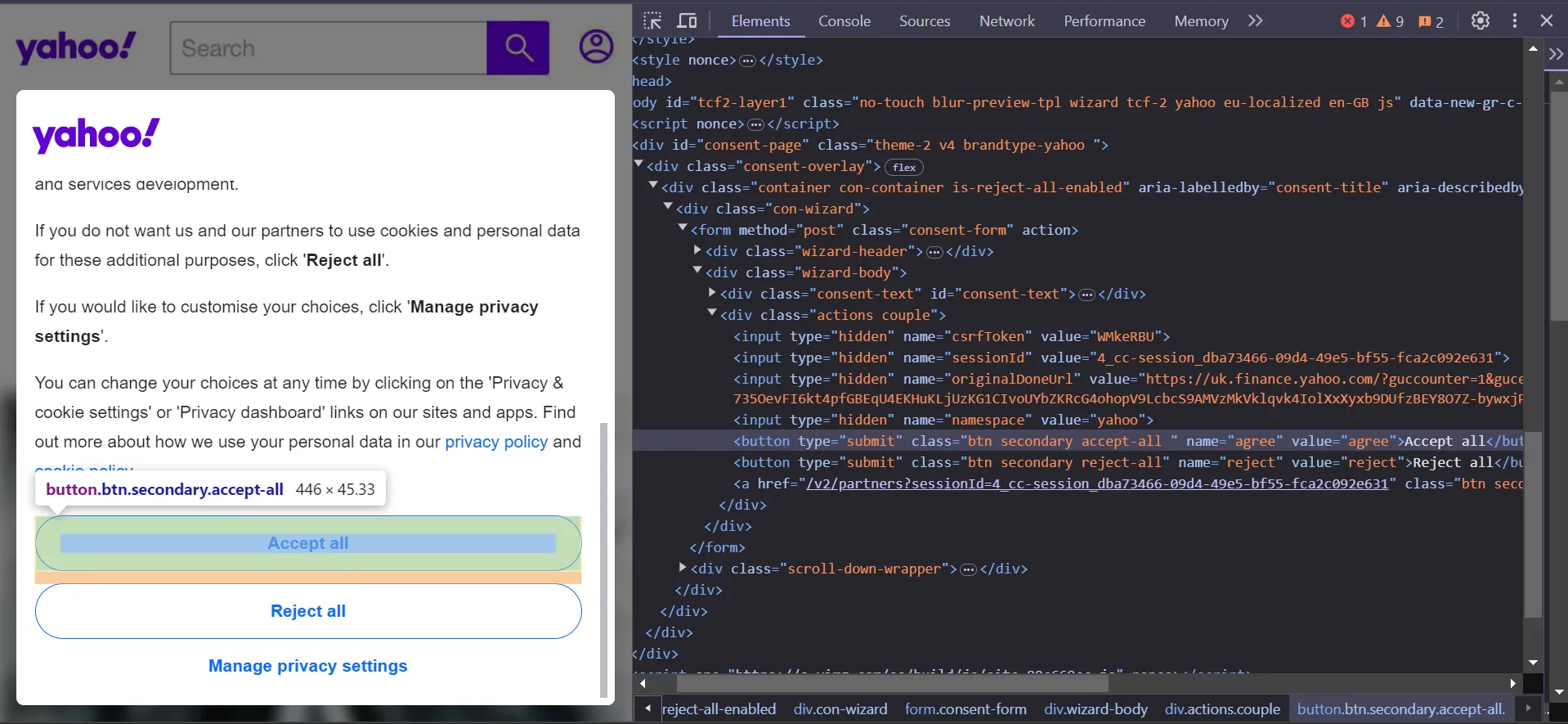 Yahoo Finance screenshot - cookie accept 