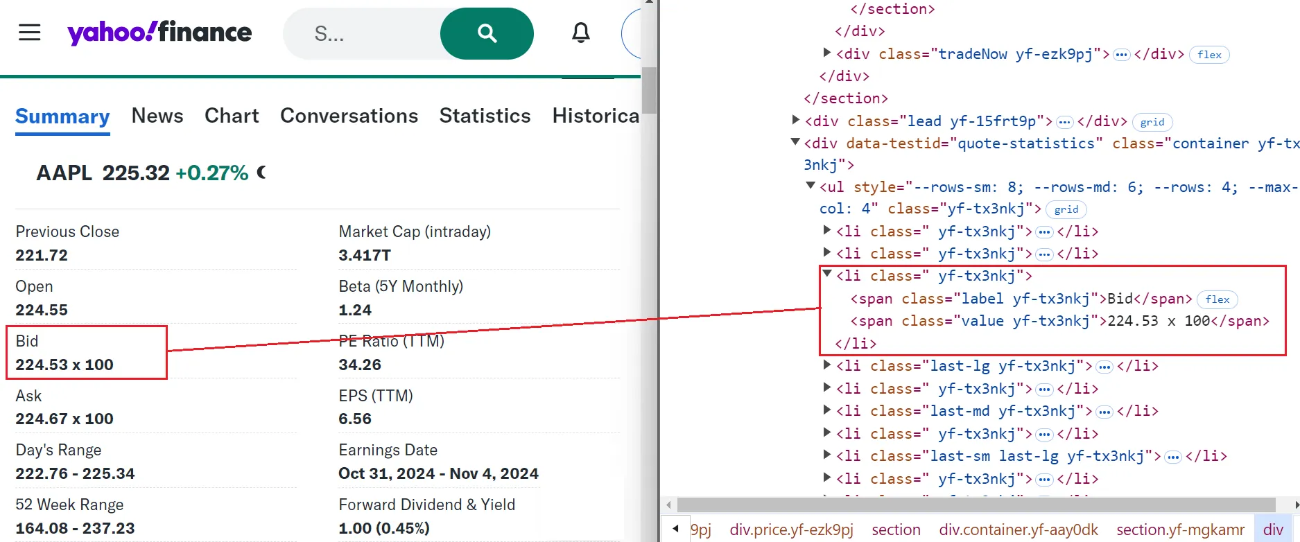 Scrape Yahoo Finance Screenshot Yahoo bid element