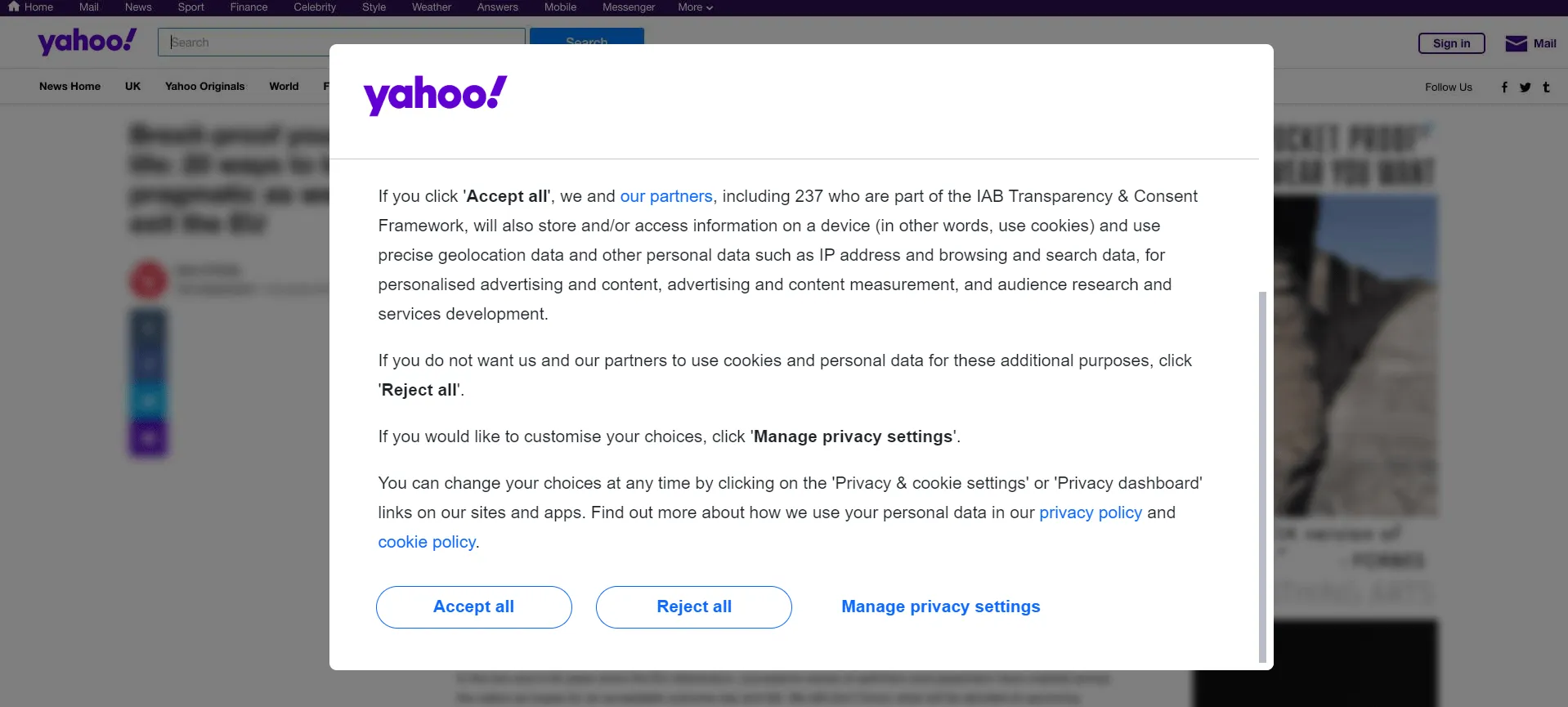 Yahoo Finance screenshot - cookie modal 