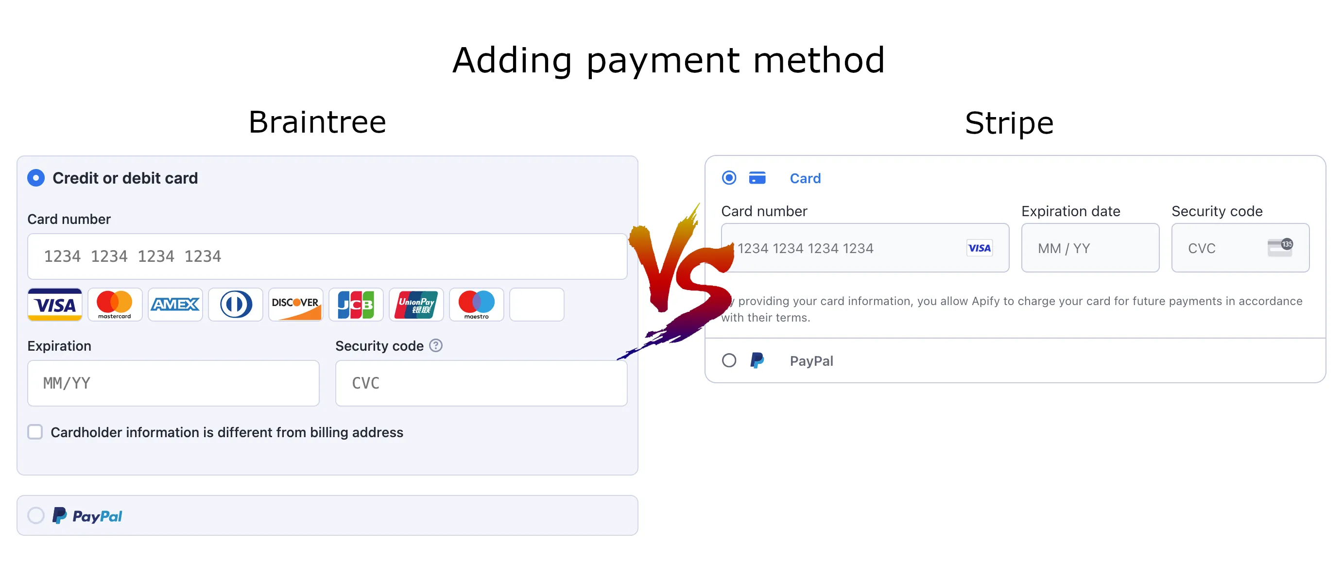 Adding a payment method in Braintree and Stripe