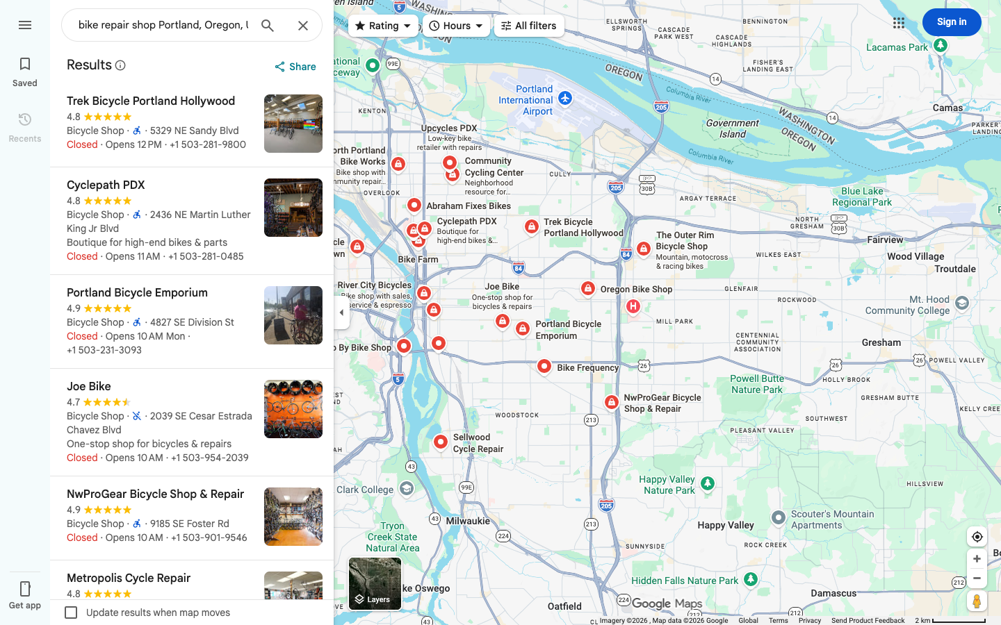 Google Maps search results for bike repair shops in Portland