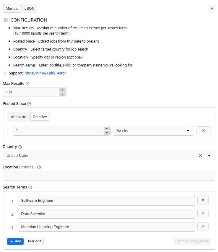 Glassdoor Job Scraper input interface: search_terms for job keywords, country selector, location field, posted_since filter, and max_results setting