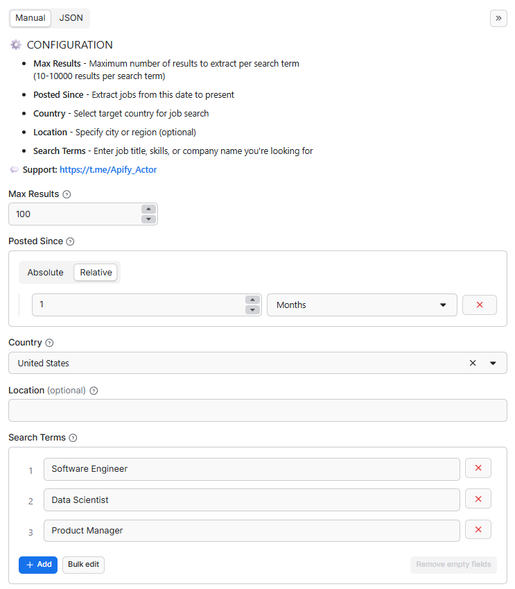 LinkedIn Job Scraper input interface: search_terms for job keywords, country selector, location field, posted_since filter, and max_results setting