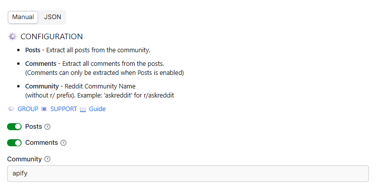 Screenshot showing the input parameters configuration interface with three fields: community (text input for subreddit name), posts (checkbox to enable post collection), and comments (checkbox to enable comment extraction)