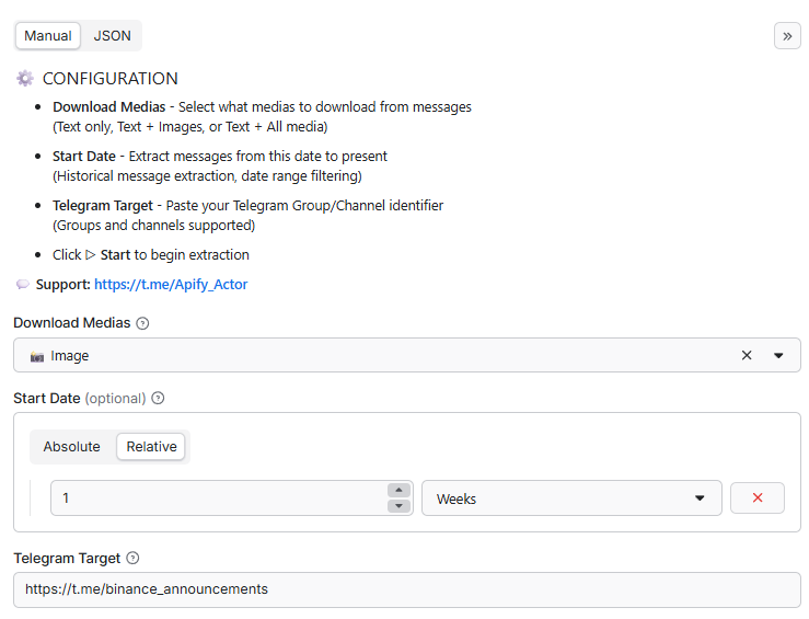 Telegram Message Scraper API - Input Parameters Configuration for Telegram Group Channel Message Extraction with Media Download Options