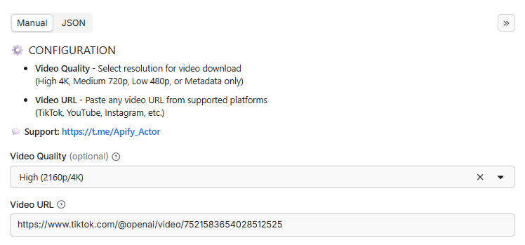 TikTok Video Downloader Input Configuration - TikTok video URL input with quality selection options including 4K, HD, SD, and metadata-only extraction for comprehensive video processing