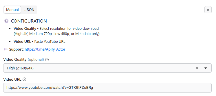 YouTube Video Downloader Input Configuration - Professional YouTube video processing interface with watch?v URL input, quality selector for 4K/HD/SD downloads, and metadata extraction options for video analytics and content research