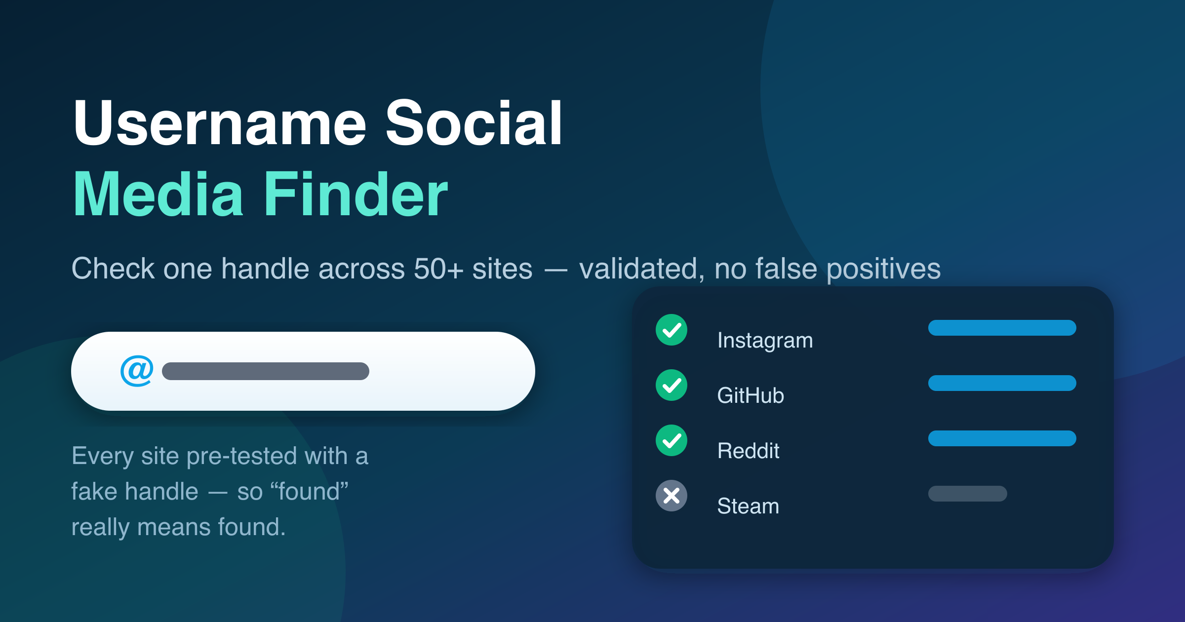 Username Social Media Finder — check one handle across 50+ sites, validated with no false positives