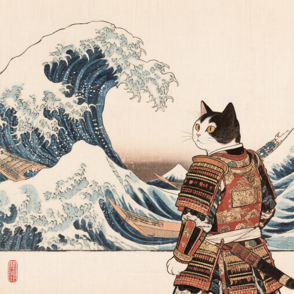 AI generated ukiyo-e woodblock print of a samurai cat — Hunyuan Image 3 style