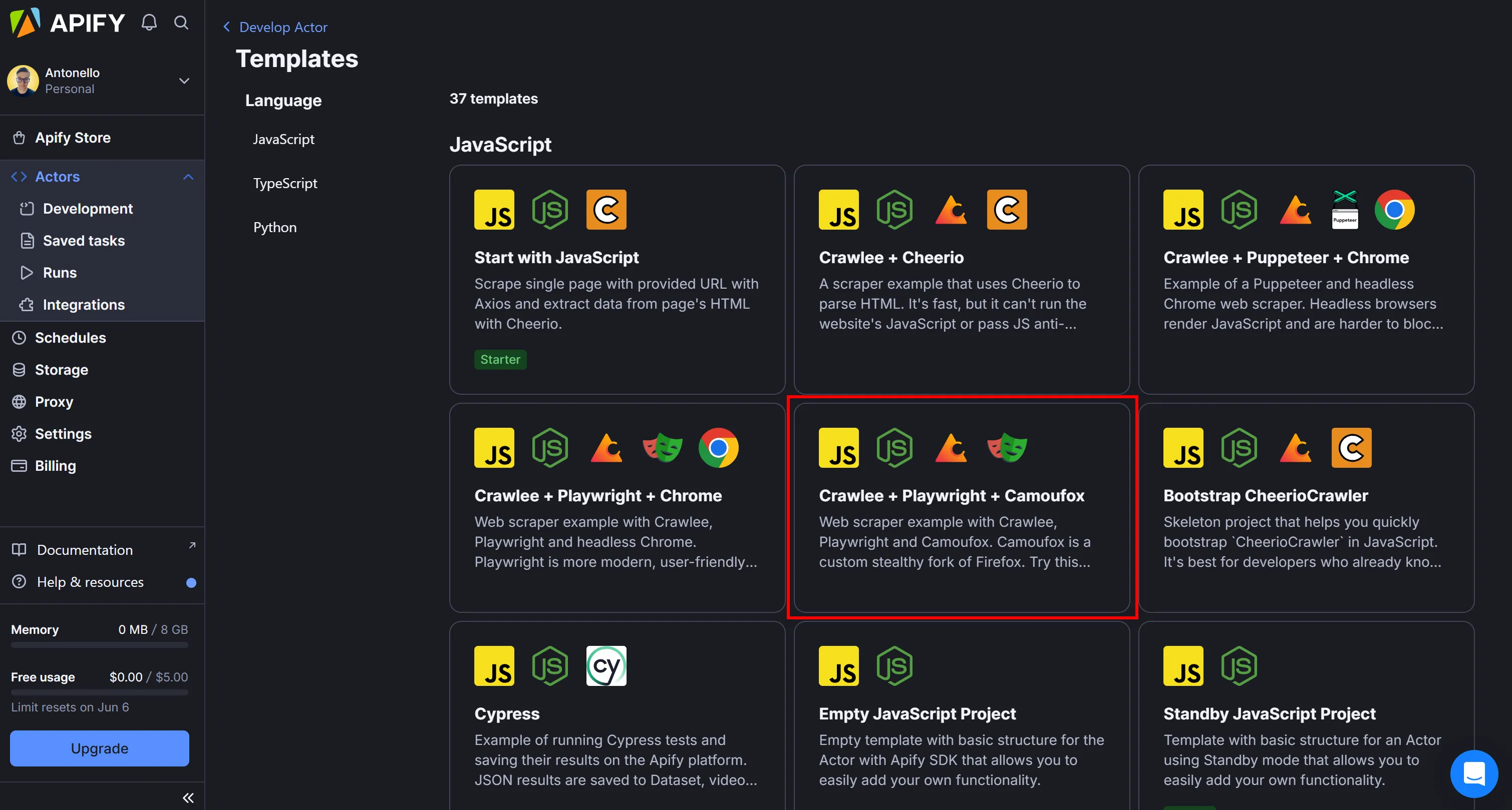 Selecting the “Crawlee + Playwright + Camoufox” template