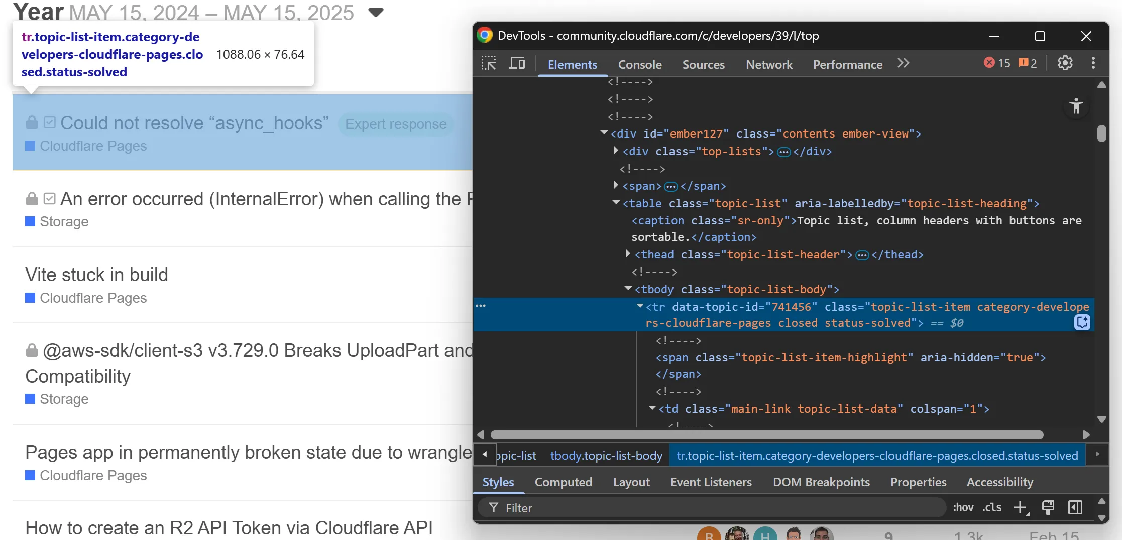 The HTML of a discussion table row