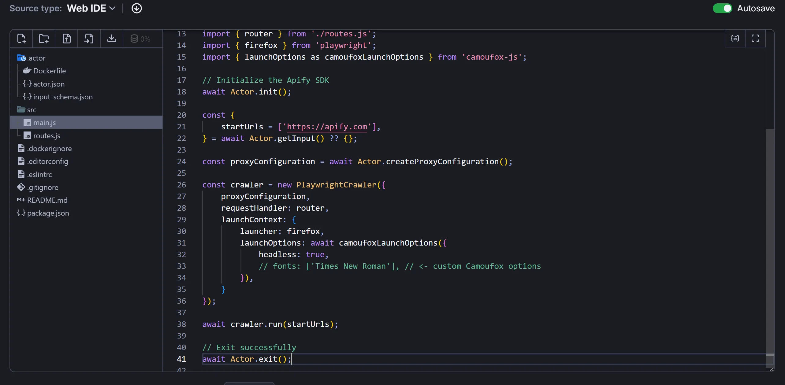 The main.js file in the Apify Web IDE