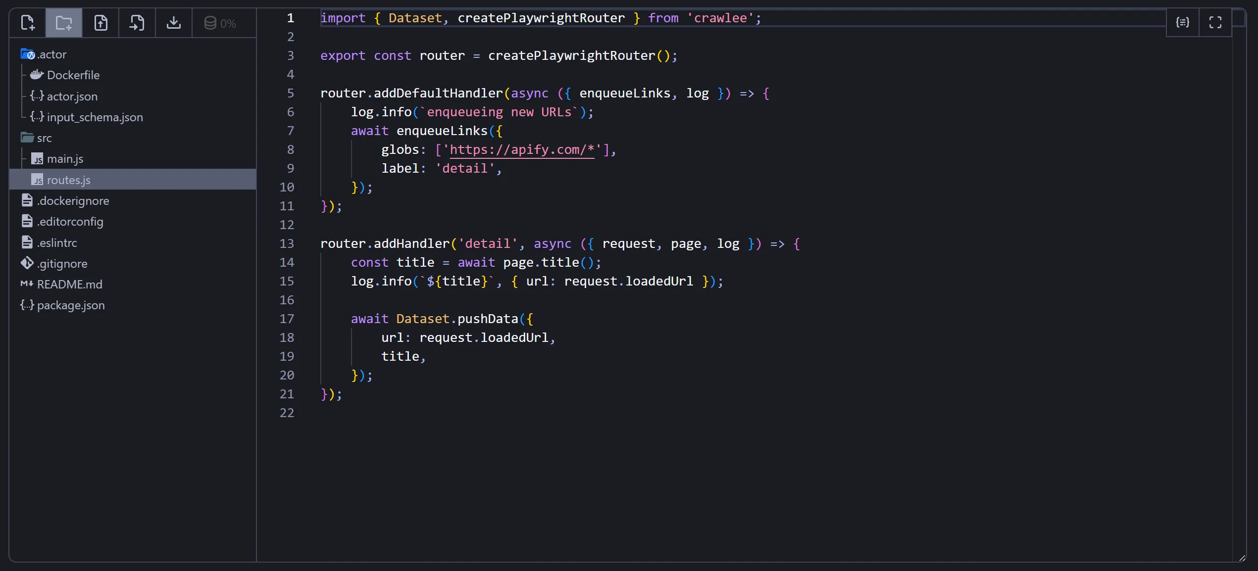 The routes.js file in the Apify Web IDE