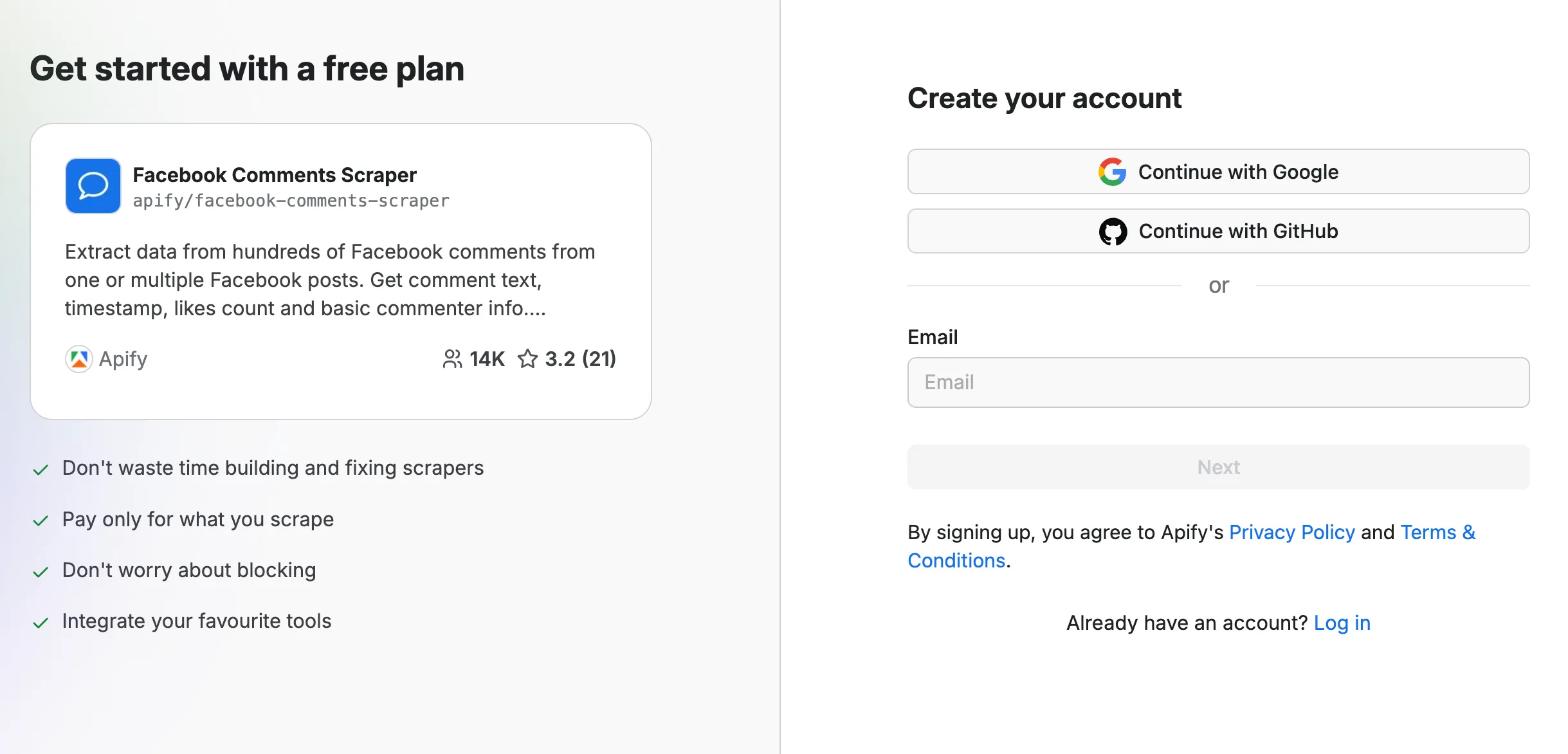 Get started with a free plan with Facebook Comments Scraper