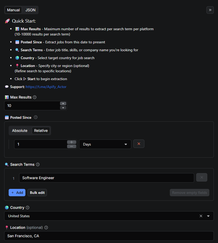 All Jobs Scraper Input Interface - Configure multi-platform job search: select max results, posted since date, country, location, and search terms