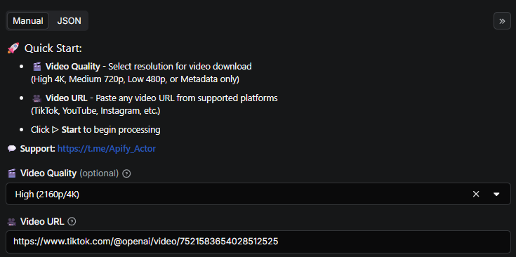 All Video Scraper Input Interface - Configure video download: select video quality (high, medium, low, metadata) and paste video URL from 1000+ platforms