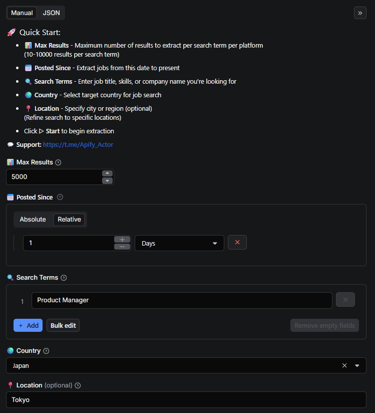 Indeed Scraper Input Interface - Configure Indeed job search: select max results, posted since date, country, location, and search terms