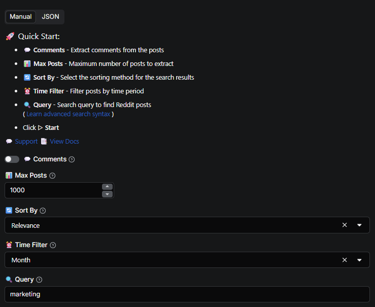 Reddit Searcher Input Interface - Configure Reddit post search: select query with cloudsearch syntax, sort method (relevance, hot, top, new, comments), time filter (hour, day, week, month, year), max posts, and comment extraction options