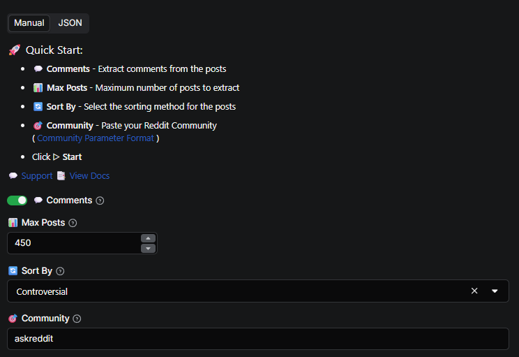 SubReddit Subscribers Input Interface - Configure Reddit subscriber extraction: select subreddit, max results, and activity links extraction options