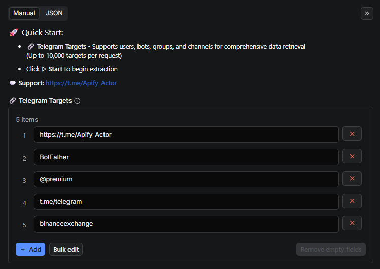Telegram Data Finder Input Interface - Configure Telegram profile extraction: enter Telegram targets (usernames, @handles, or URLs) for users, bots, groups, and channels