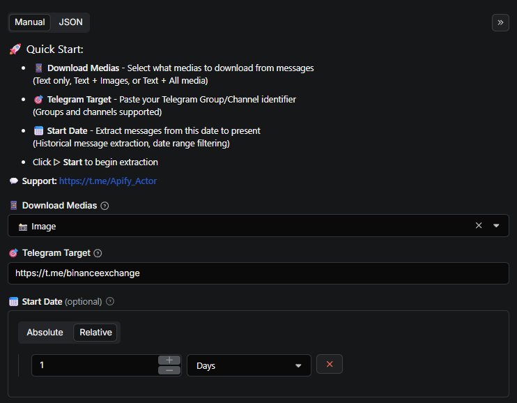 Telegram Downloader Input Interface - Configure Telegram message extraction: select media download mode (text, image, all), start date, and Telegram target (channel/group)