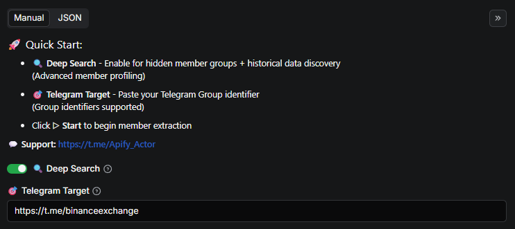 Telegram Group Members Input Interface - Configure Telegram member extraction: select extraction mode (standard, deep search), and Telegram group identifier