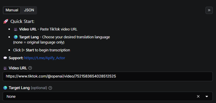 TikTok Video Transcriber Input Interface - Configure TikTok video transcription: paste TikTok video URL and select target language for translation