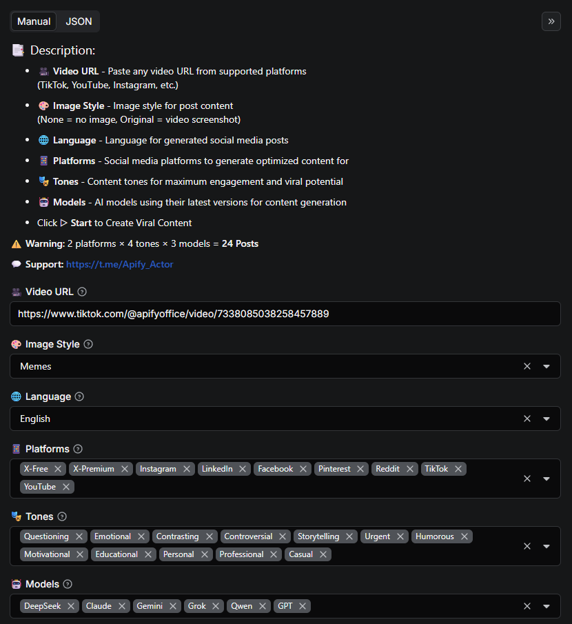 Video to Social Post Input Interface - Configure AI content generation: select video URL, language, image style, target platforms, content tones, and AI models