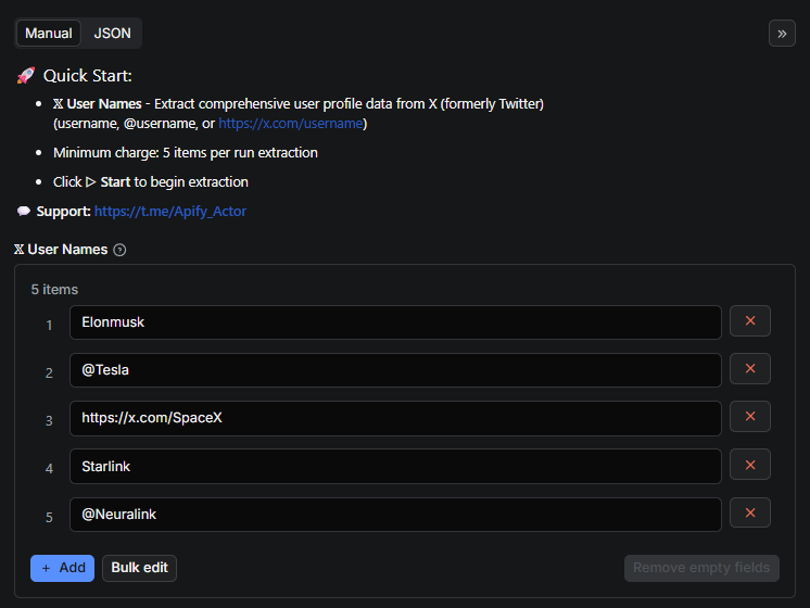 X Profile Scraper Input Interface - Configure X profile extraction: enter X usernames (@handles, URLs, or pure usernames)