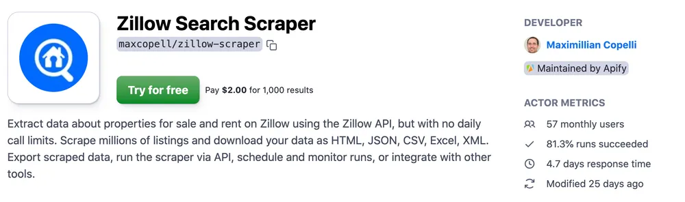 Zillow Search Scraper on Apify Store
