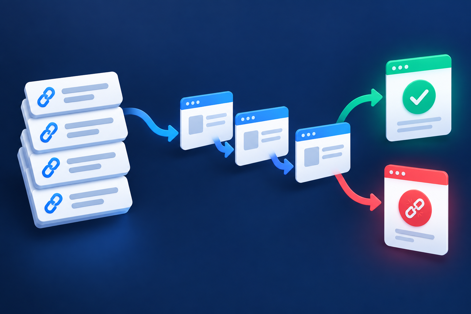 A supplied URL list follows redirect paths to success or broken-link results