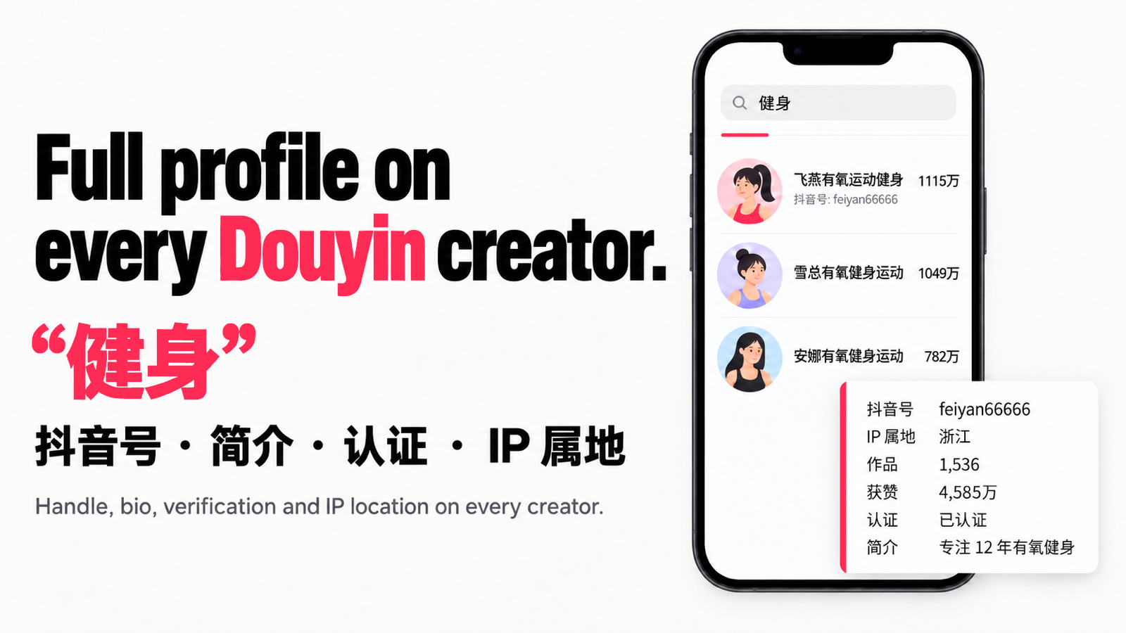 Douyin (抖音) creator search: a keyword returns each creator with the 抖音号 handle, bio, verification and IP location, not just the nickname and follower count Douyin's own search card shows