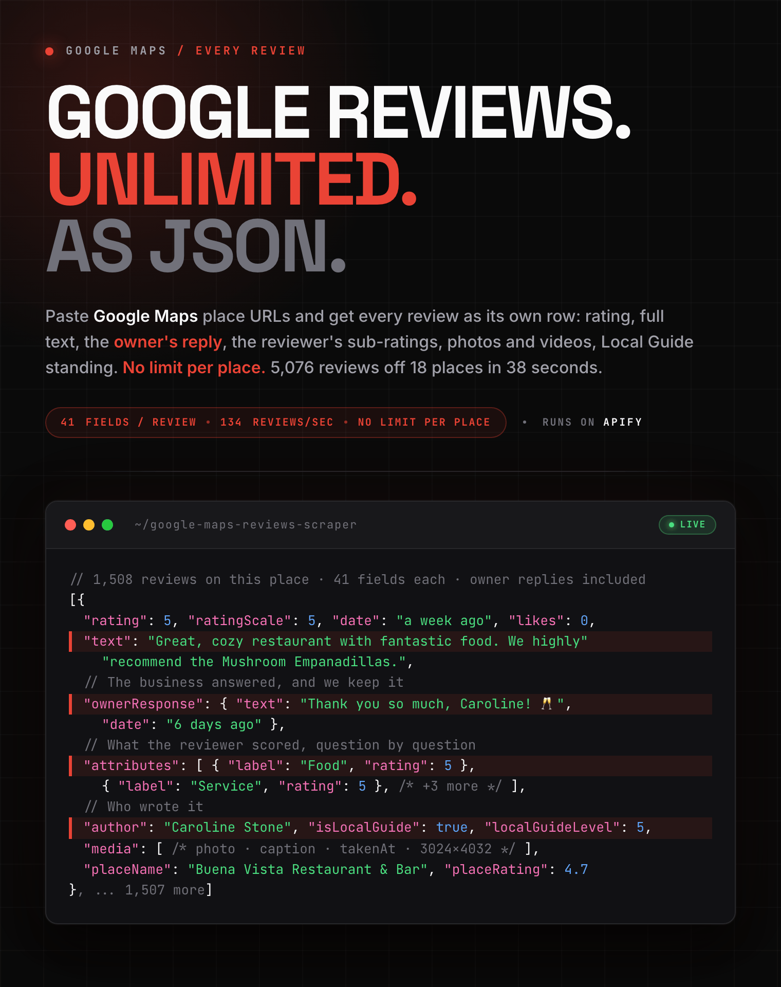 Google Maps reviews scraper: unlimited reviews per place with rating, review text, owner replies, reviewer sub-ratings and photos as structured JSON