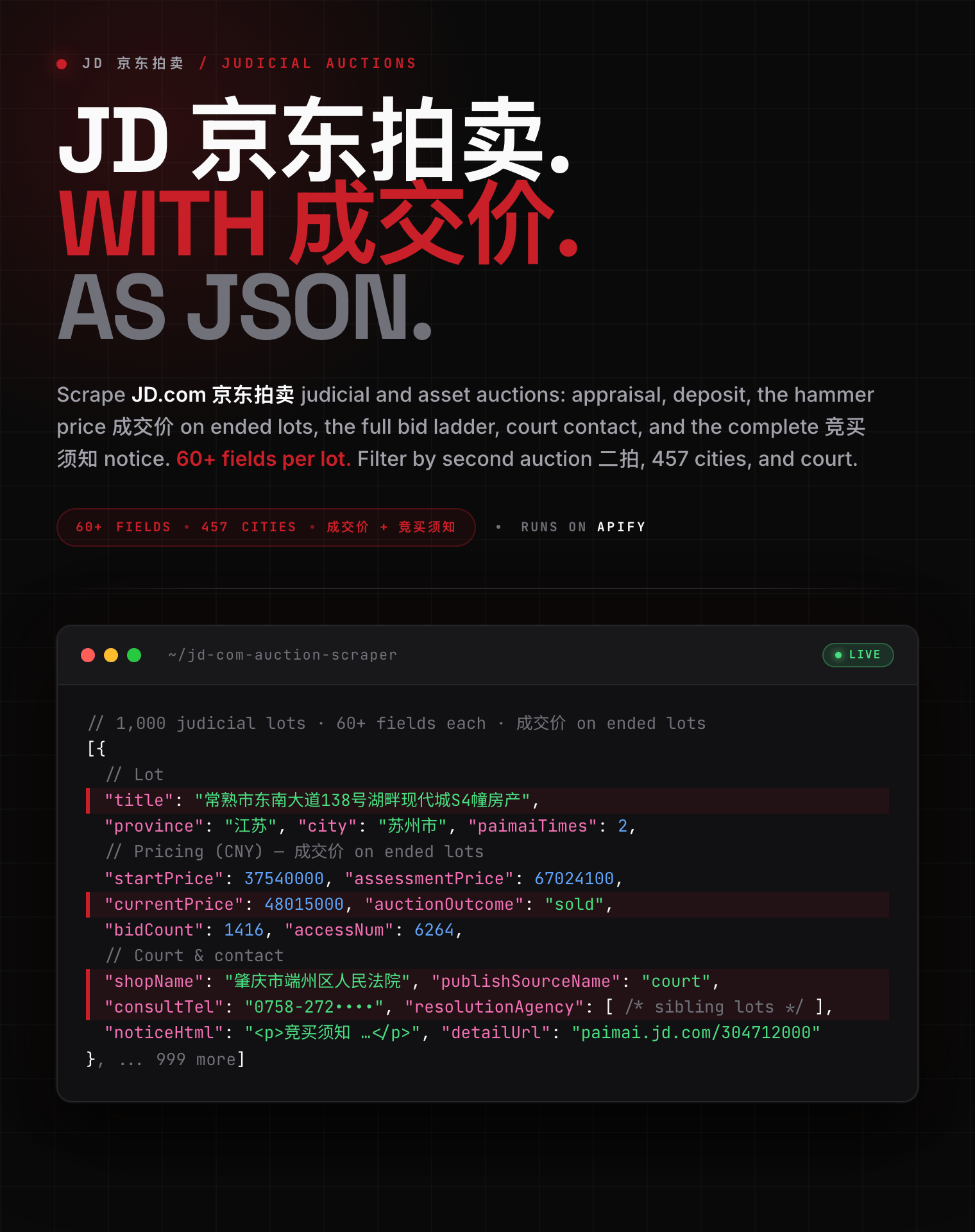 JD.com (京东拍卖) judicial auction scraper: appraisal, deposit, hammer price 成交价, bid ladder, and court contact as structured JSON