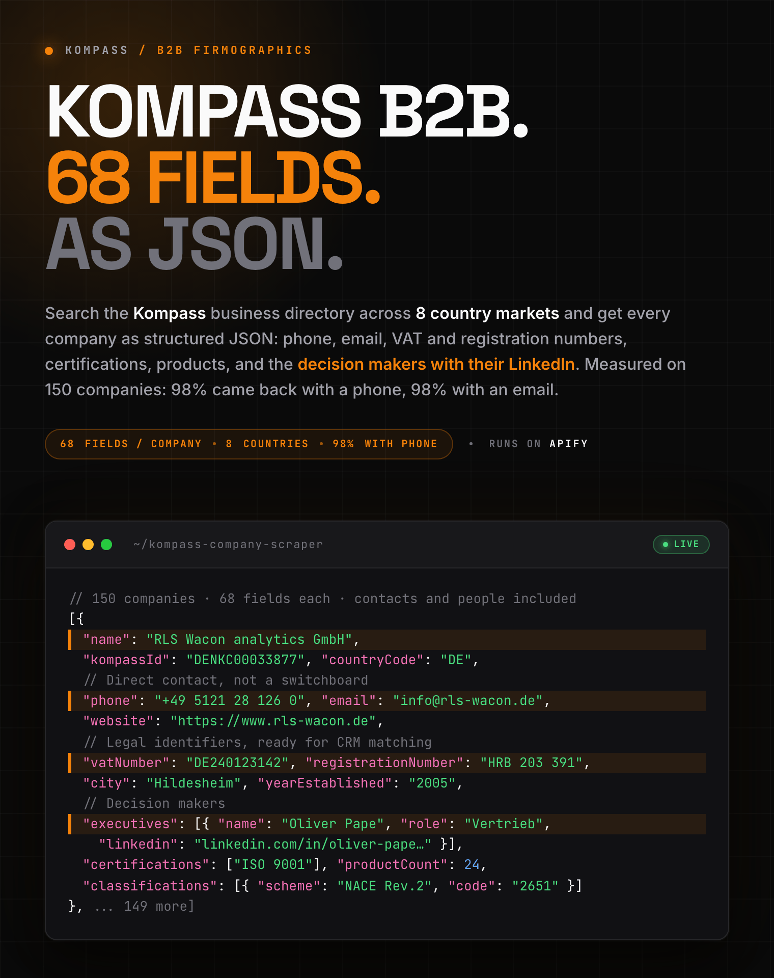 Kompass B2B company scraper: company name, phone, email, VAT and registration numbers, executives with LinkedIn, certifications and NACE codes as structured JSON