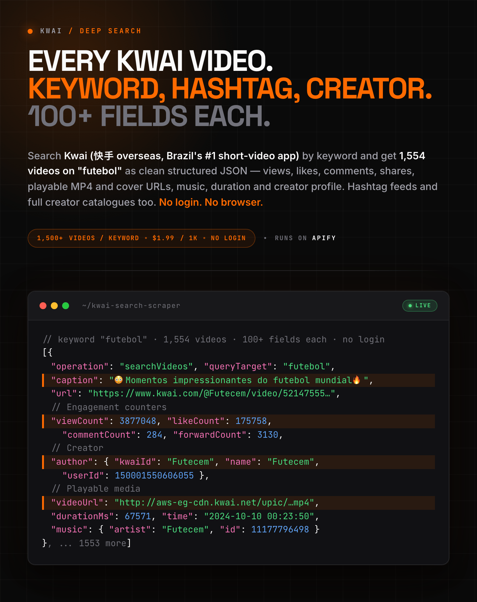 Kwai (Kuaishou) video scraper: search Kwai by keyword, hashtag and creator for views, likes, comments, shares, playable MP4 and cover URLs, music and creator profile as structured JSON