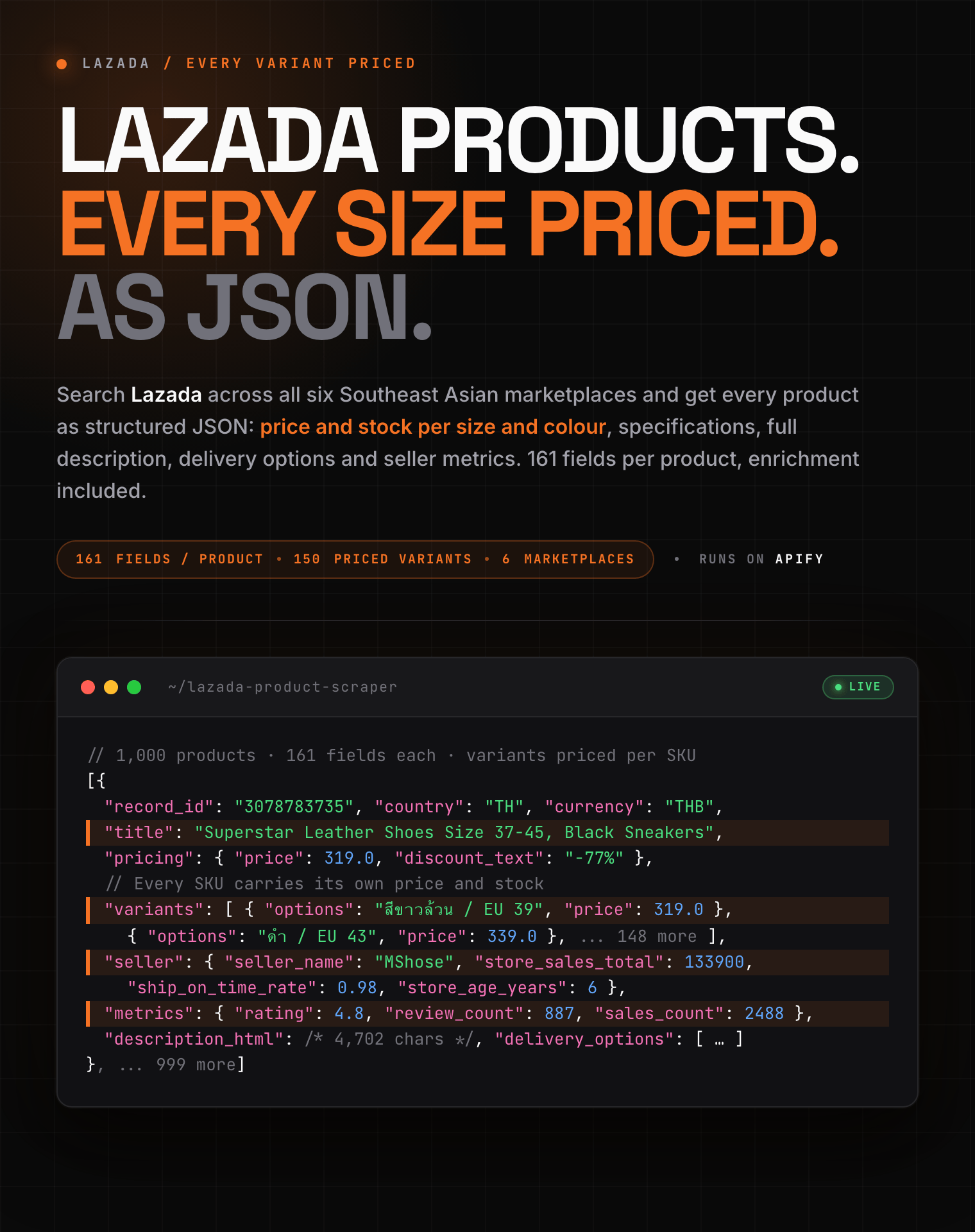 Lazada product scraper: per-variant price and stock, seller metrics, ratings and full description as structured JSON
