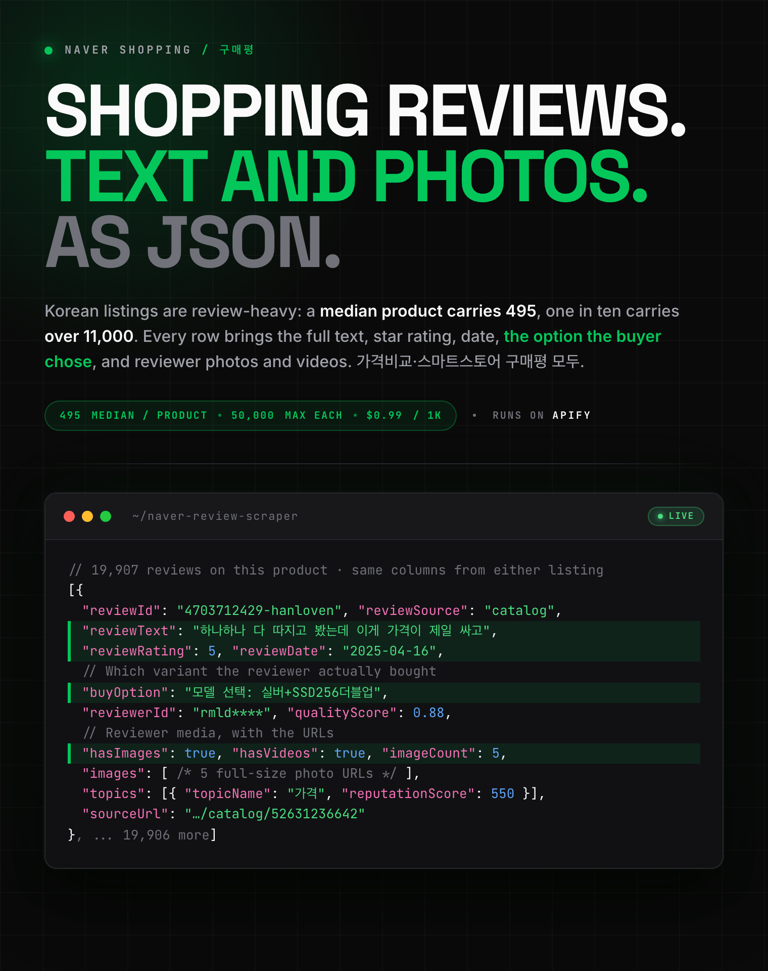 Naver Shopping (네이버 쇼핑) review scraper: full review text, star ratings, purchased option and reviewer photos and videos as structured JSON