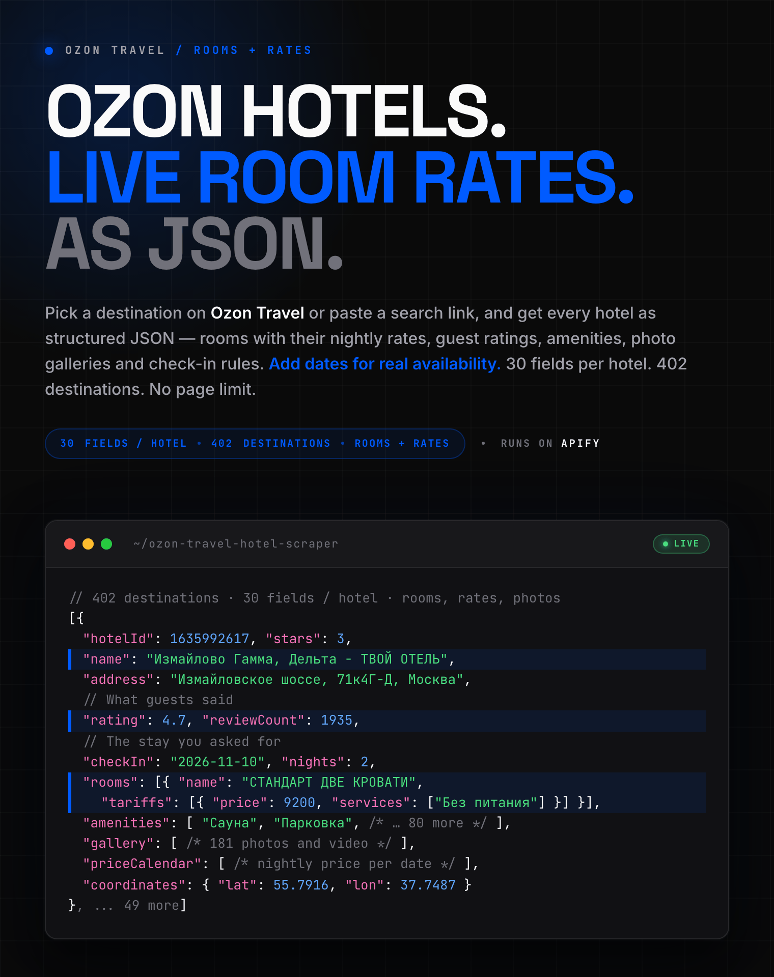 Ozon Travel (Озон Трэвел) hotel scraper: hotel name, stars, guest rating, room types with nightly rates, amenities, photos and coordinates as structured JSON
